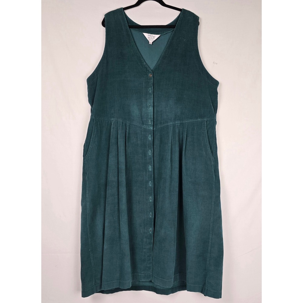Vintage Truly Yours Jumper Dress Womens 22W Green Corduroy Button Front Plus